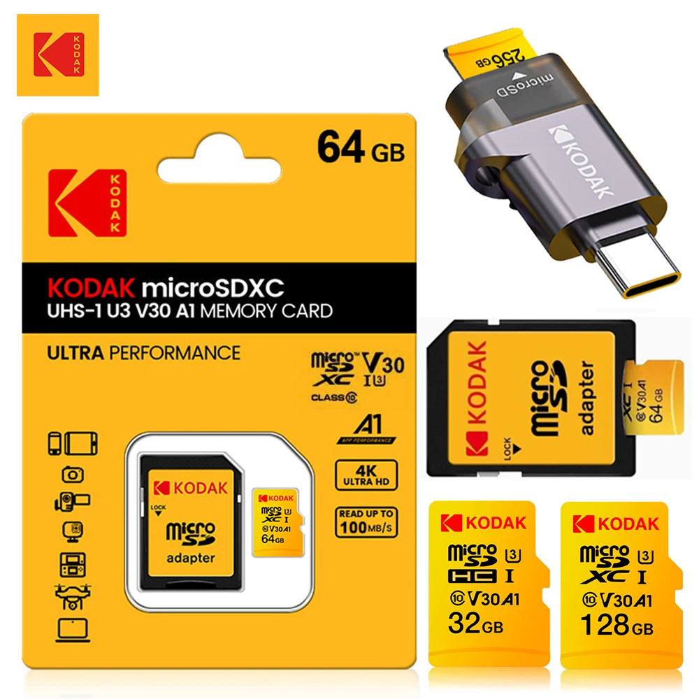 

Карта памяти KODAK Micro SD с картридером 32 ГБ 64 ГБ 128 ГБ 256 ГБ U3 TF Microsd для телефона, камеры, планшета, ПК