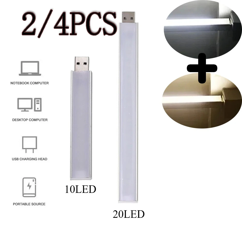 

2/4PCS USB 10/20LED Book Light 5V Reading Lamp Warm+white Light Eye Protection Night Light Power Bank Computer Laptop Lighting