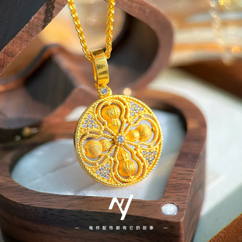 Light luxury 9999 24K real gold brushed diamond cross vajra rotating gourd pendant light luxury vitage high-end necklace