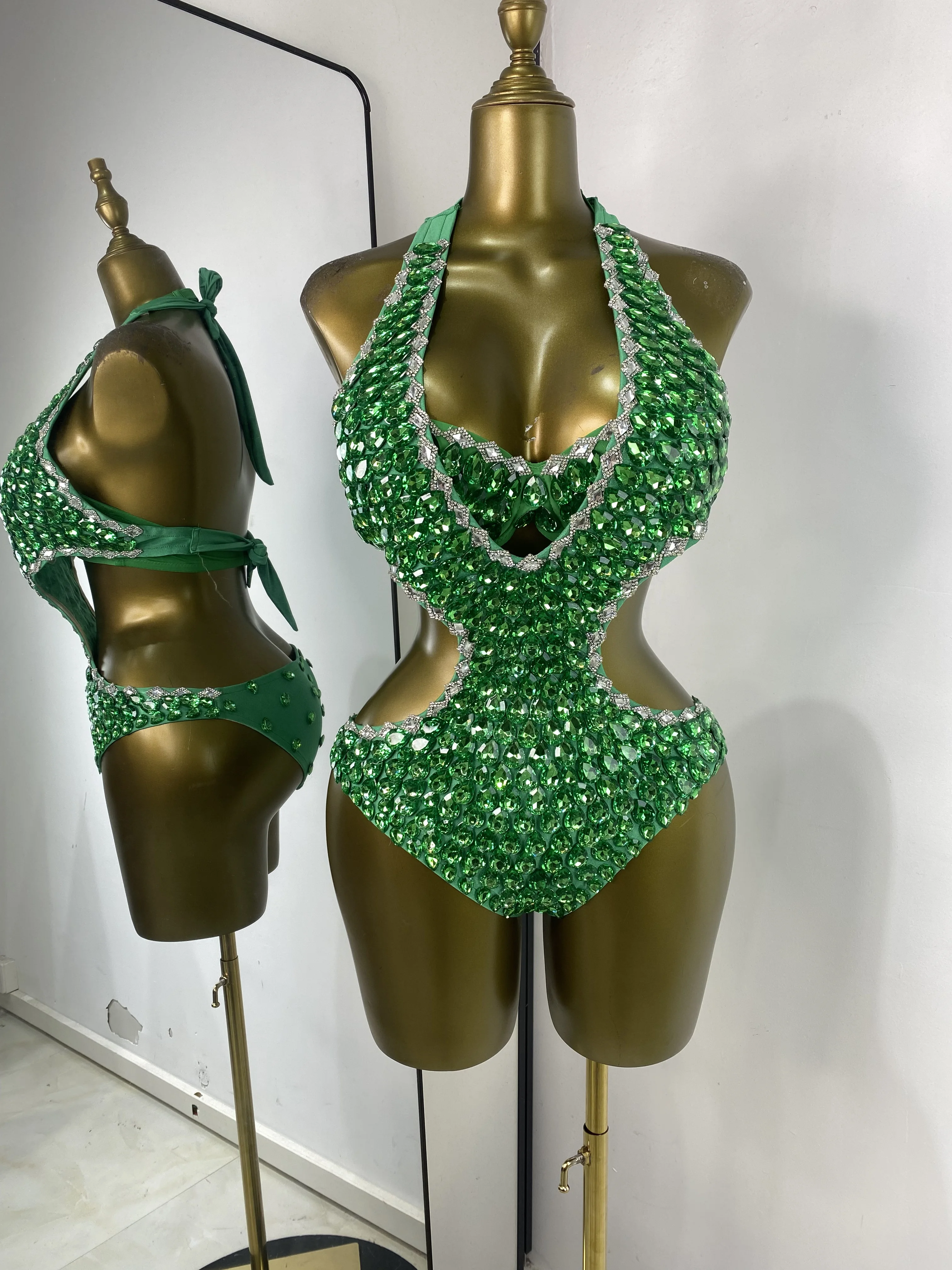 

Women Special Occassion Dress Green Rhinestones Spandex Bustier And Bodysuit Two Piece Sets Beach Bikini Swim Party Dresses