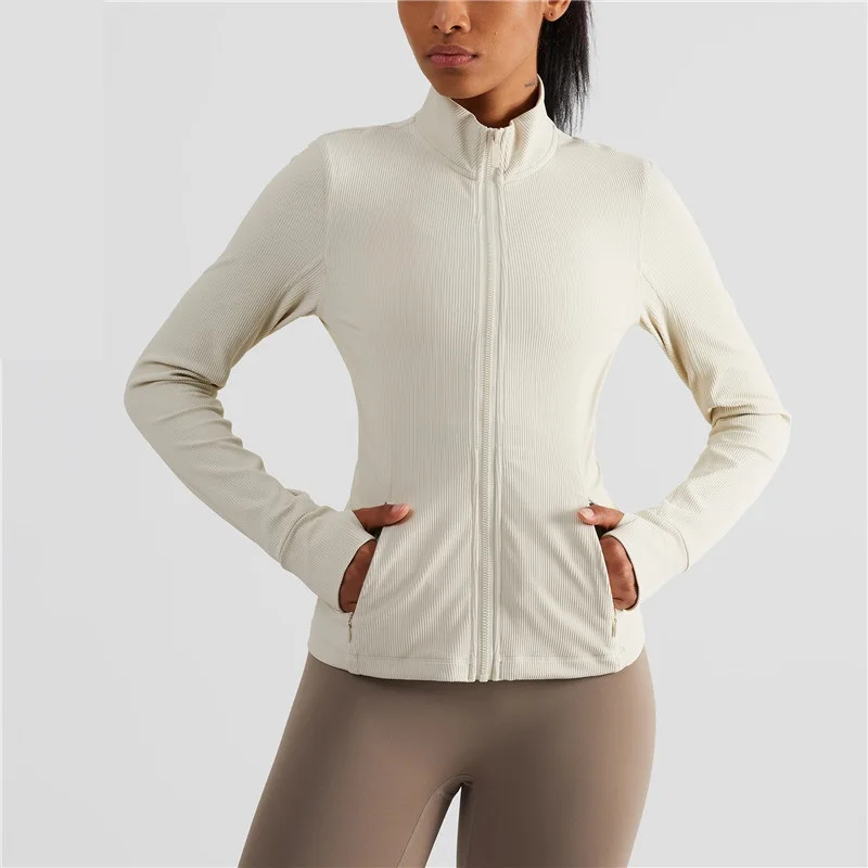 Solid Color Rib Fitness Women Sport Jacket Top Comprehensive Training Zipper Long Sleeve Yoga Coat Stand Collar Windbreak Pocket