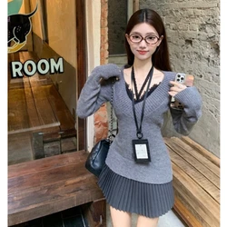 Deeptown Coquette Grey Sweater Woman Sexy V-neck Vintage Long Sleeve Pullovers Autumn Winter Knitwears 2000s Aesthetic Sweaters