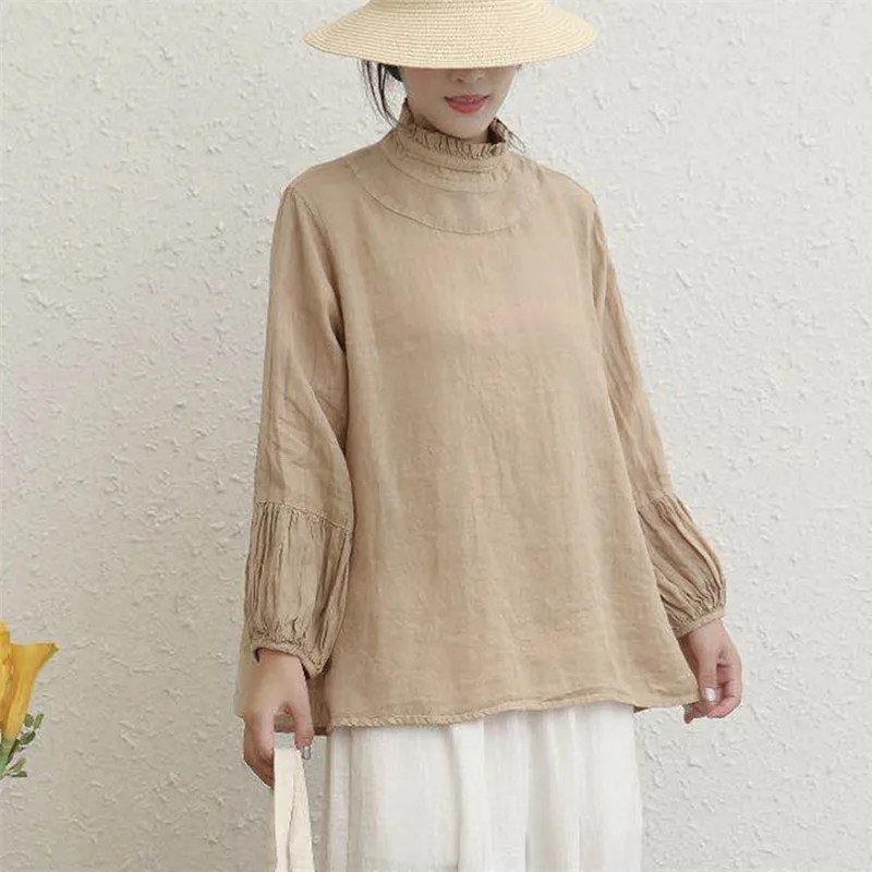 

Johnature New Autumn Linen Womens Tops And Blouses 2024 Vintage Solid Color Loose Female Shirts