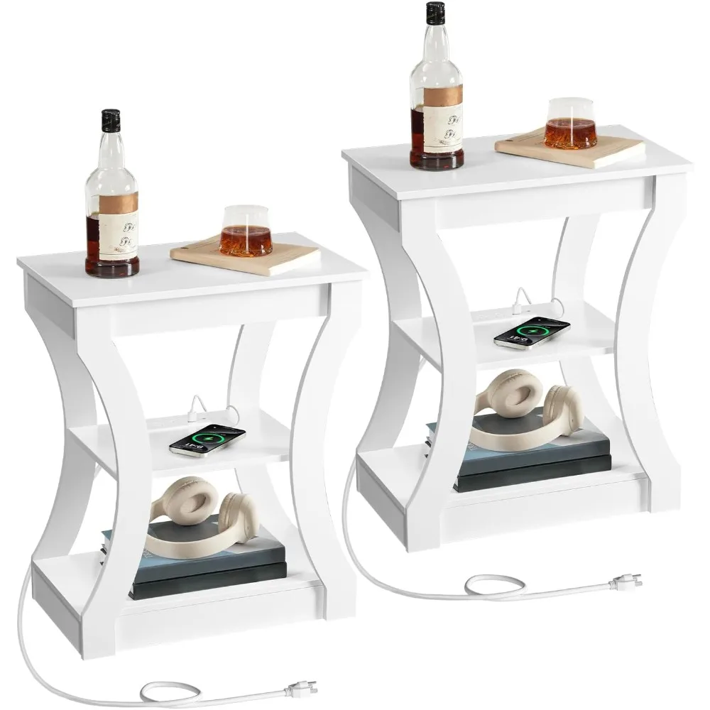 

Set of 2 with Charging Station, Side Table with USB Ports and Outlets, Nightstand, 3 Tier Bedside Table with Storage S