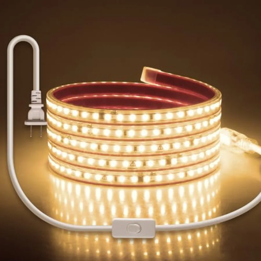 LED Strip Lights for Bedroom with Self-Adhesive AC 110V-120V 3000K Waterproof Outdoor Flexible LED Rope Light Super Bright Plug