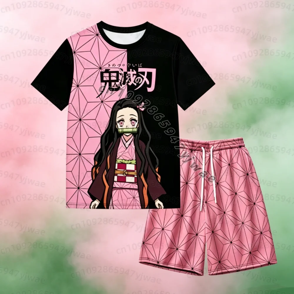 Conjunto de pijama de manga corta y pantalones cortos con estampado de anime de Nezuko, personaje de la serie «Demon Slayer», para hombre. Un conjunto de pijama cómodo para estar en casa.