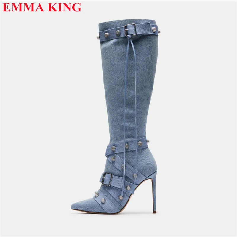 Runway Metal Rivet Buckle Strap Knee High Boots Women Fashion Pointed Toe High Heels Motorcycle Boots Designer Party Women Shoes