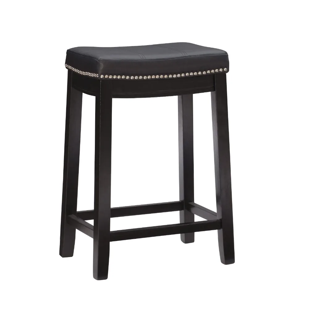 Linon Claridge Wood Backless Counter Stool Nailhead Trim Faux Leather in Black