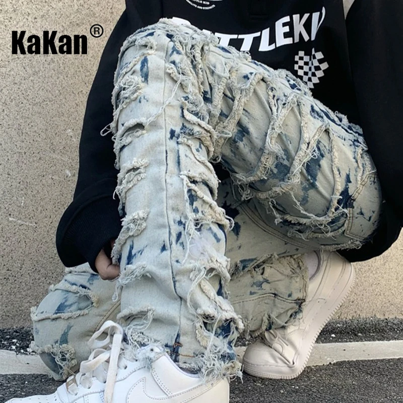 Kakan - Nuevos pantalones vaqueros Burnout de calle de peso pesado europeo y americano para hombres, pantalones vaqueros largos de corte recto High Street Burnout K27-3