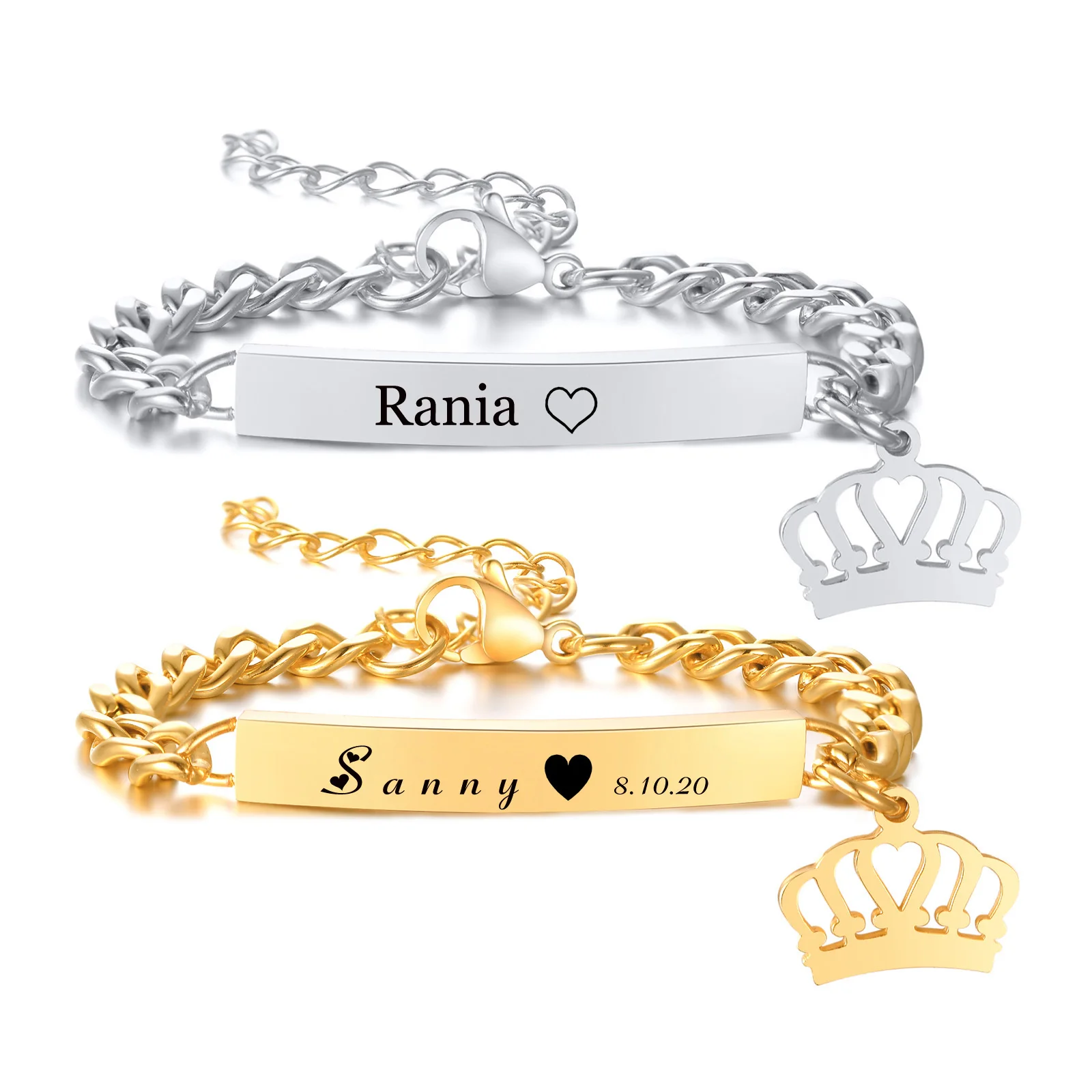 Custom Personalized Name ID Bracelet Gilrs Boy Gifts, Stainless Steel Curb Chain Link Crown Bracelet Not Allergic