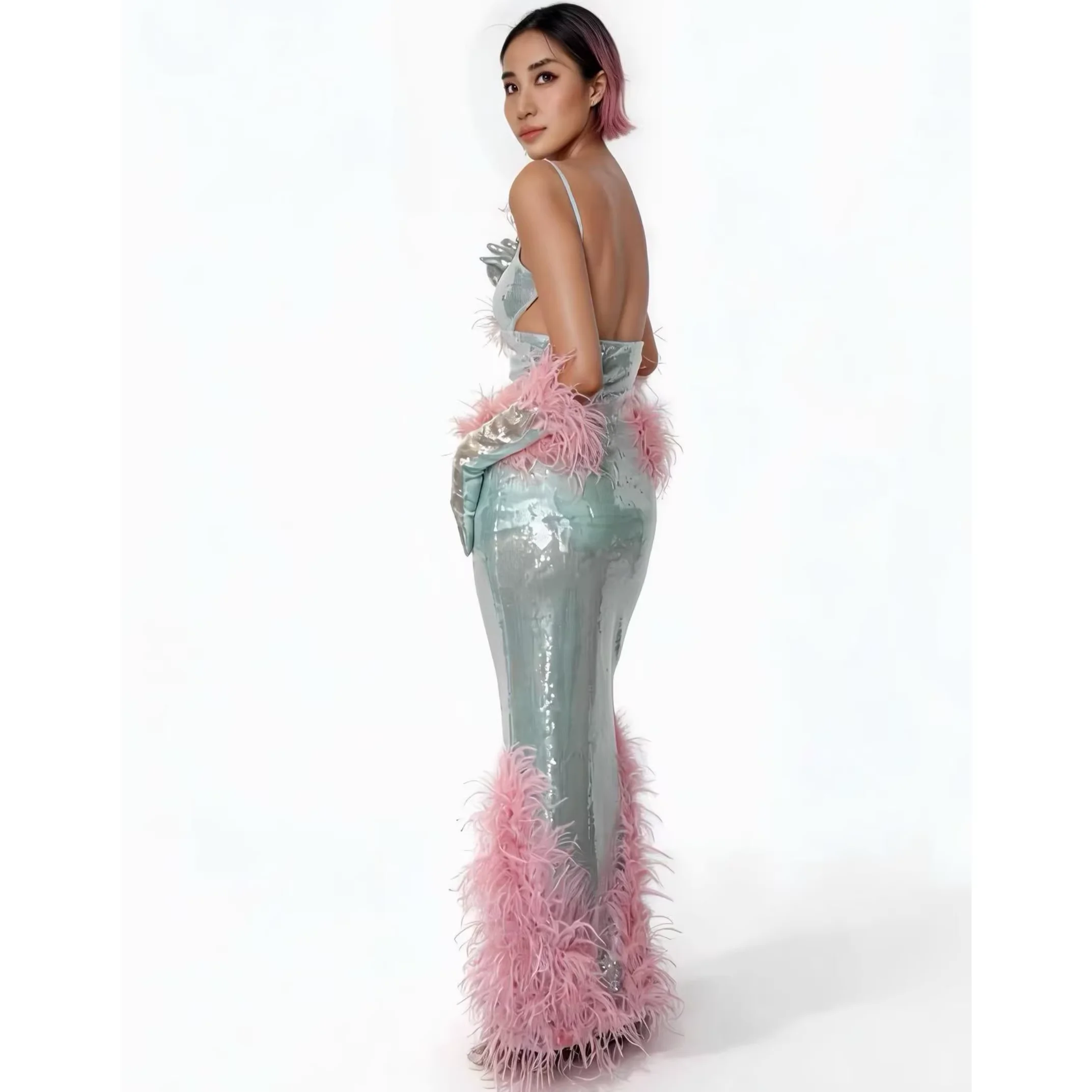 Sexy Suspender Backless Ostrich Feathers Long Dress Gloves for Women Evening Prom Celebrate Birthday Dress Photo Shoot Wear view 4