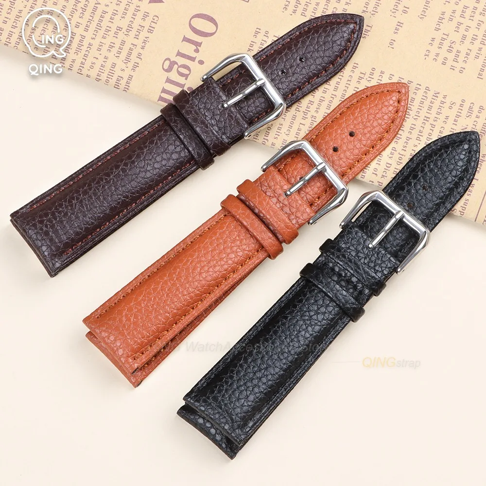 18mm 20mm 22mm Watch Accessories Metal Pin Buckle Calfskin Leather Watch Band Litchi Pattern Replacement Strap Business Bracelet