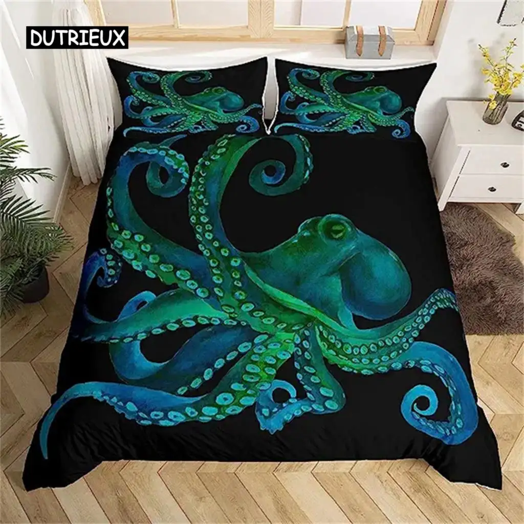 

Octopus Sea Life Duvet Cover Ocean Animal Comforter Cover Decoration Black Green for Bedroom Decoration Women Men Children Gifts