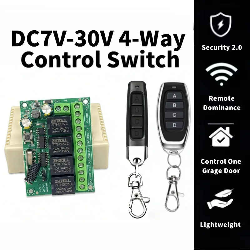 433 MHz Wireless Universal Remote Control Switch DC 12V 4CH RF Relay Receiver and Transmitter for Garage and Gate Controller DIY