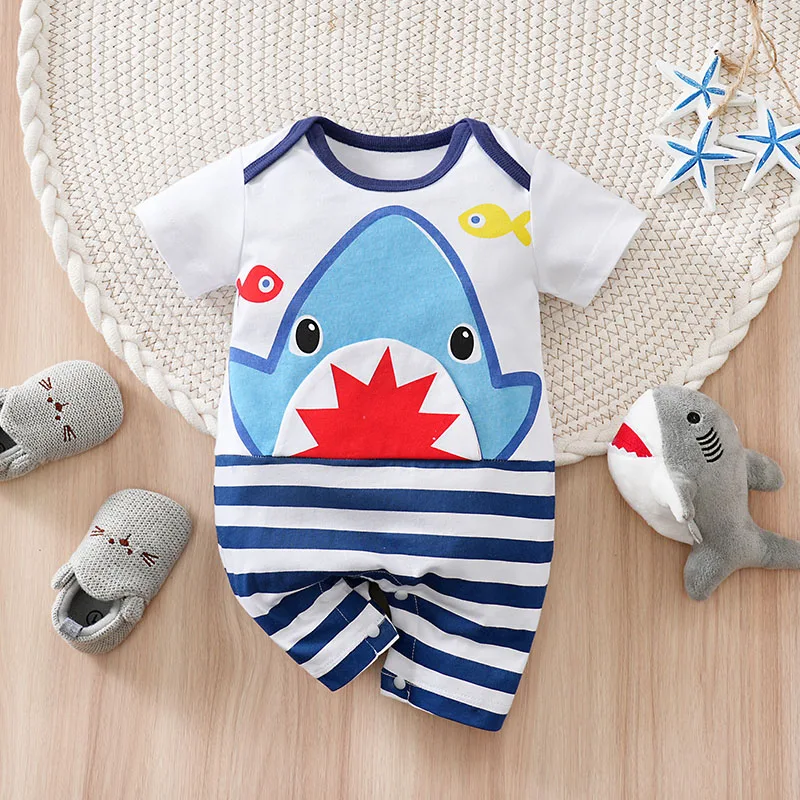 

Print Clothes 100% Cotton Toddler Onesie Newborn Cute Shark Fish New Style Trendy Stripe Blue Knitted Soft Lovely Baby Boy Girl