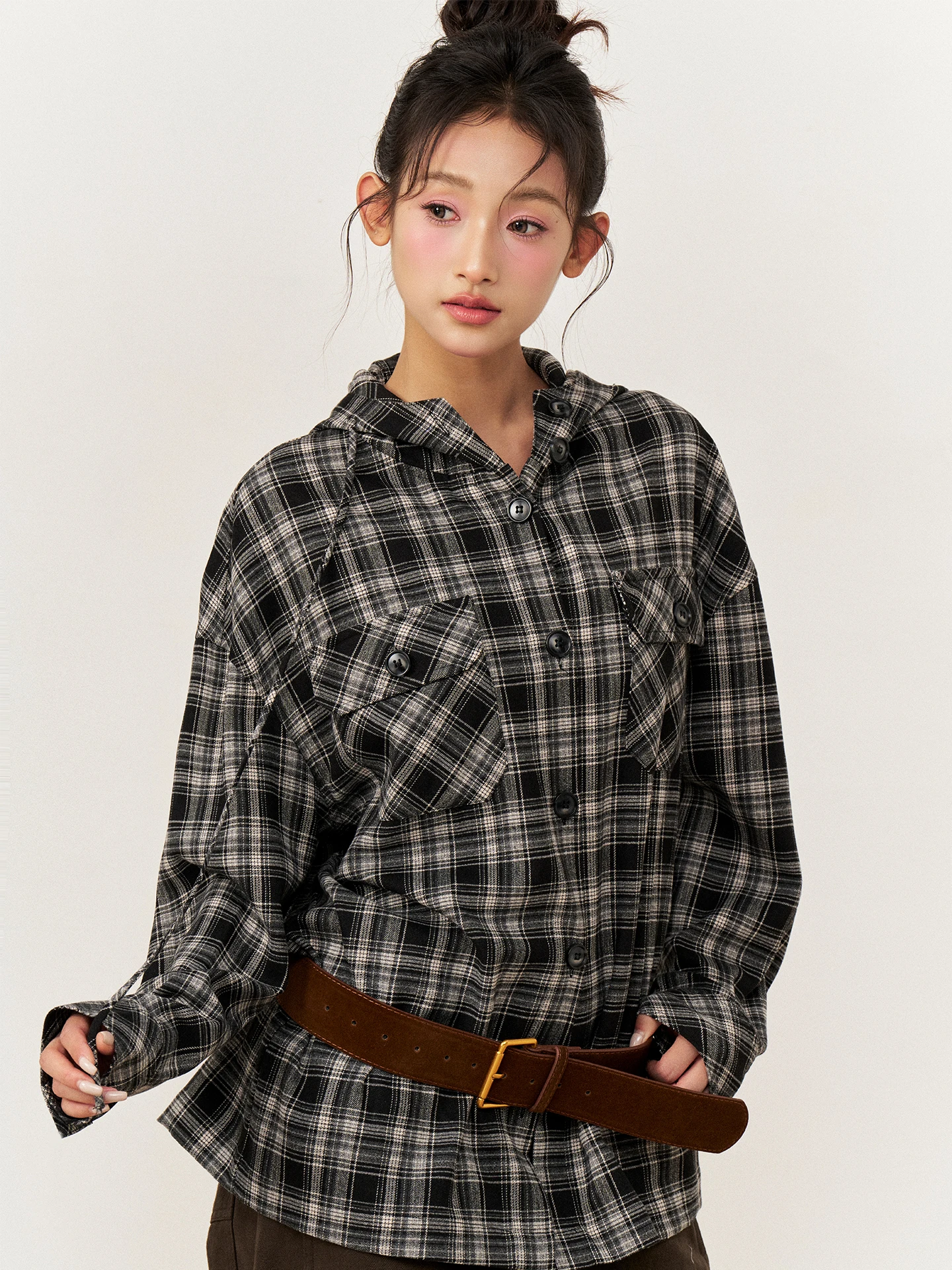 

Женская свободная куртка-рубашка AXIA в стиле ретро с капюшоном, в клетку, с длинными рукавами, свободного кроя, для осени и зимы