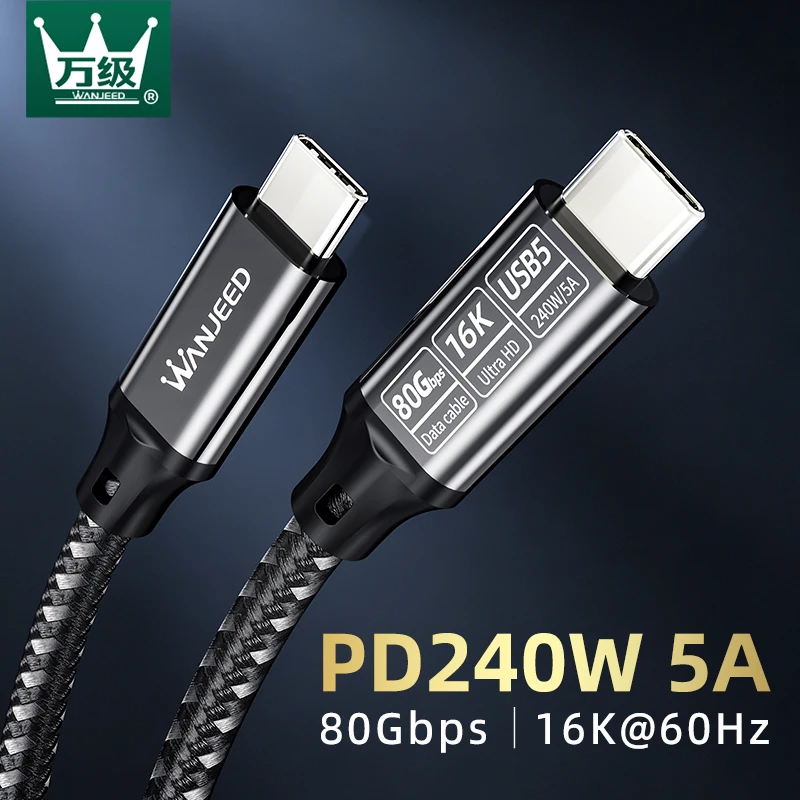 Кабель WANJEED USB5 USB-C - Type-C, быстрая зарядка 240 Вт 5А, высокоскоростная передача данных 80 Гбит/с, видеовыход 16K@60 Гц, плетеный кабель USB-C
