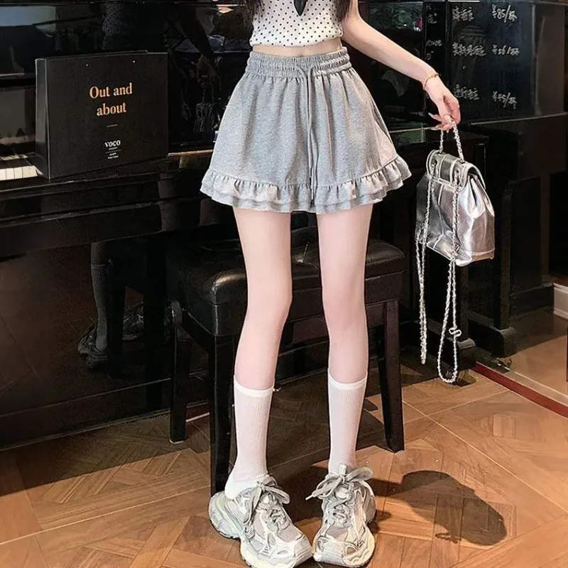 Sports Basic Edible Tree Fungus Spliced Casual Shorts Summer Korean Loose Women's Clothing Solid Color High Waist A-Line Shorts