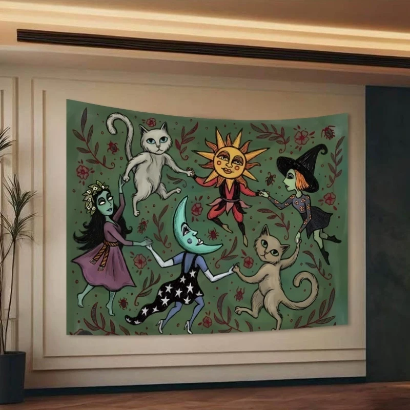 VIKAMA Fantasy-Wandteppich mit Hexe, Katze, Mond und Sonne, Wandbehang im gotischen Folk-Stil, Heimdekoration für Wohnzimmer und Schlafzimmer