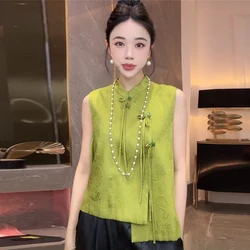 2024 Summer Women Sleeveless Green Dobby Floral Irregualr Top Shirt , Women Chinese Style Vintage Imitation Silk Tops Shirts