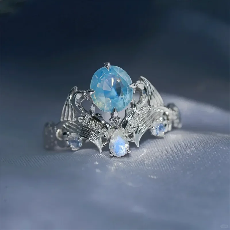 Gorgeous Exquisite Style Silver Color Fine Carved Feathers Guard The Imitation Blue Gemstone, Opal Ring Women's Engagement Ring