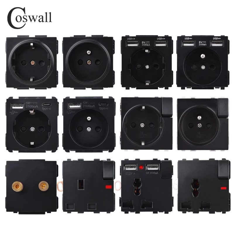 COSWALL C1 E20 X2 L1 S08 Black EU US Universal UK Italian Chile Socket Type-C USB Charger Waterproof Lid Audio Outlet Module DIY