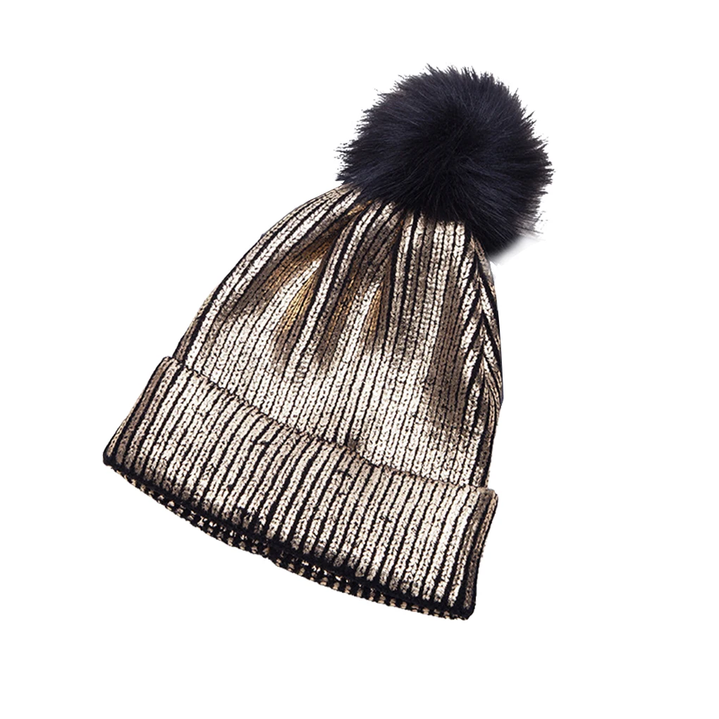 Winter Warmer Metallic Shiny Knitted Fashion Caps Beanies Hats Pompom Outdoor Skullies Accessories for Cycling