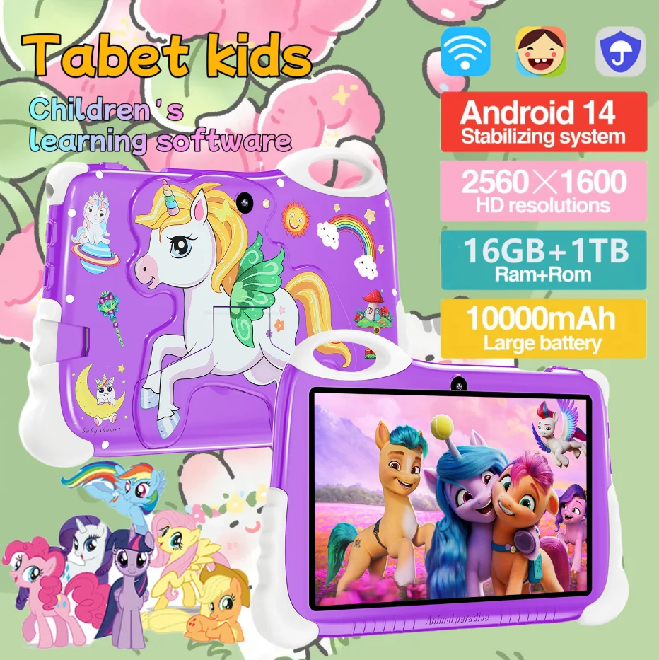 

New Kids Learning Tablet 10.1-inch Android14 10-core 16GB RAM 1TB ROM 16MP+32MP WiFi Bluetooth 5G 10000 mAh Unicorn Shell Tablet