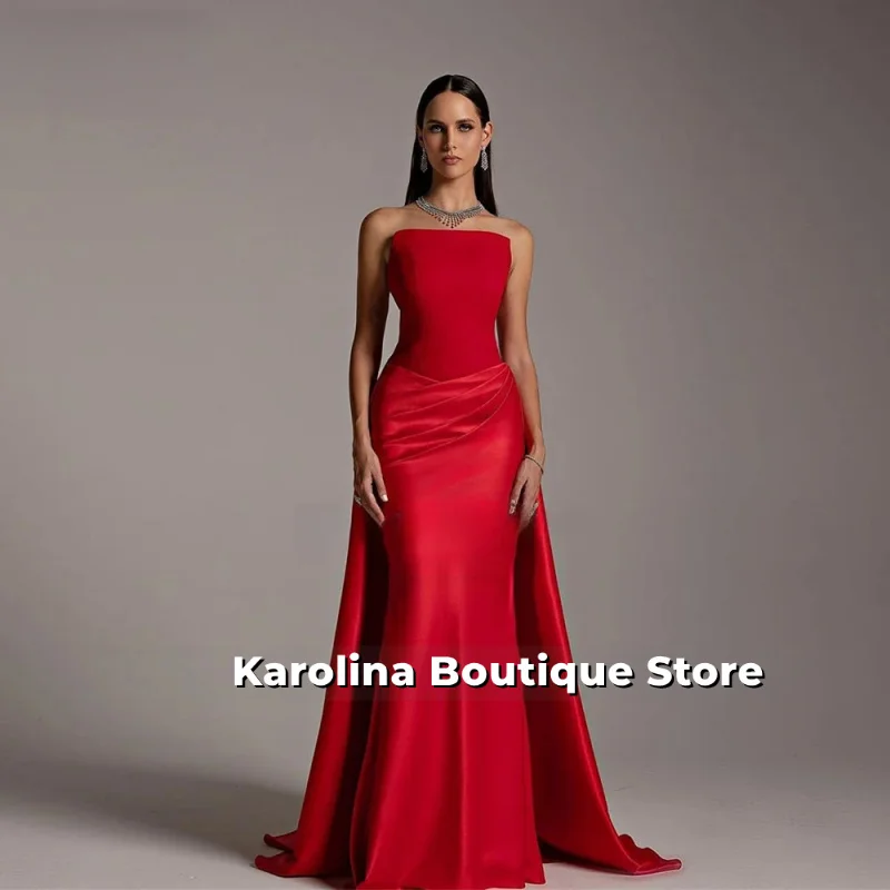 Vintage rotes Satin-Abendkleid, trägerlos, Meerjungfrau-Abschlussballkleid, Dubai, langes Schleppe-Kleid für Damen, elegante Party, individuell