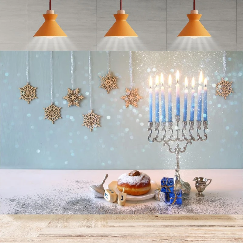 

Happy Hanukkah Photography Backdrop Candelabra Burning Candles Background Jewish Holiday Home Party Backdrop Wall Banner Decor