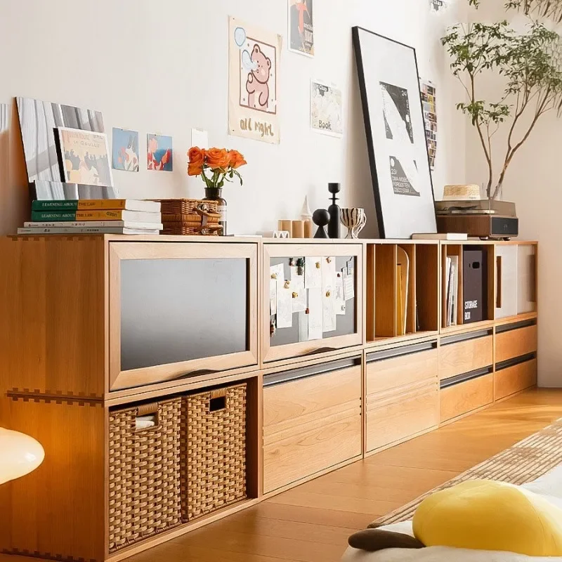 Nordic solid wood bookcase household living room multi-functional free combination cabinet TV cabinet study bay window floor loc