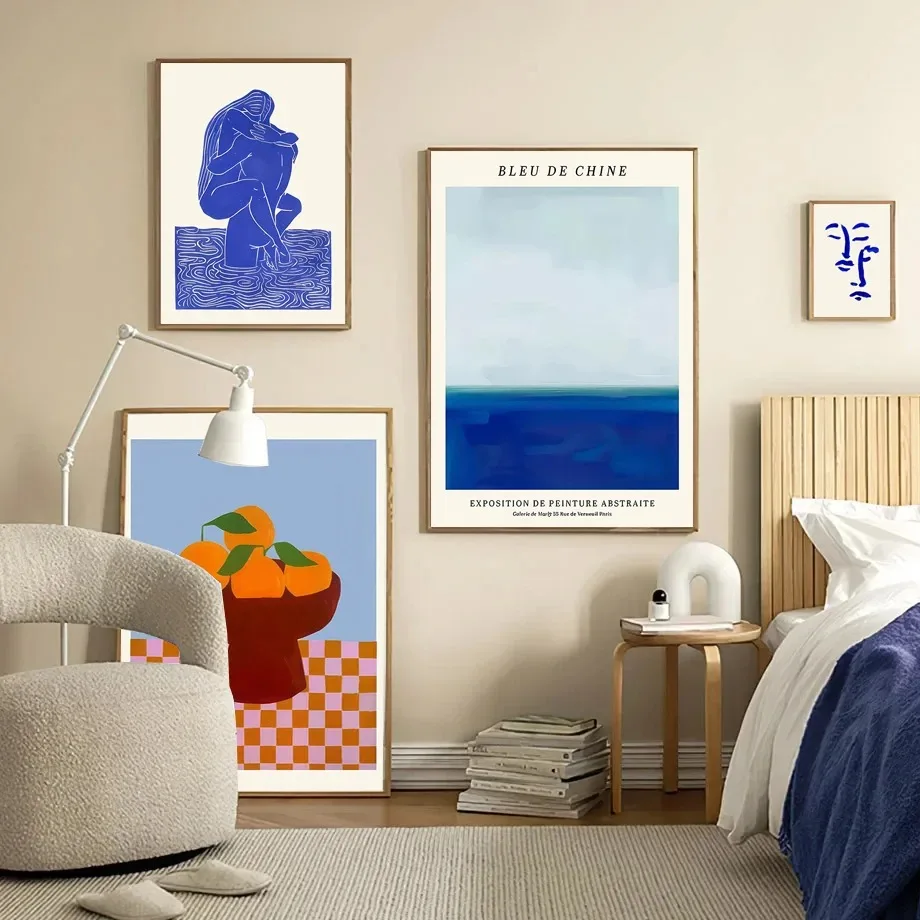 1PC frameless decorative art print,Nordic Bedroom Home Decor Abstract Blue Geometric Face Lines Canvas Painting Curve Girl Vase