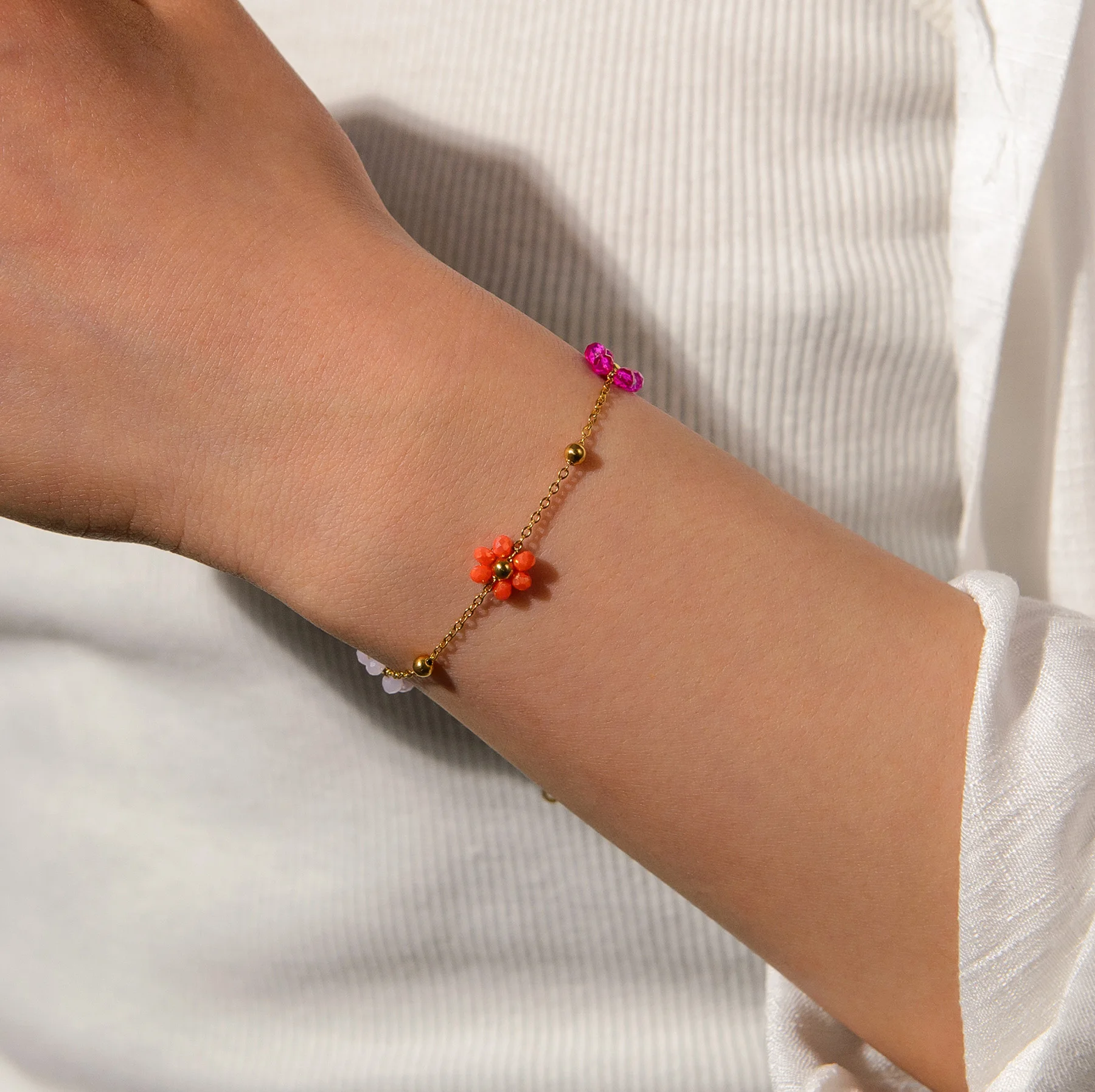 Freeteeme Fashion Colorful Flower Bracelet for Women Girls Stainless Steel Jewelry Gold Color Beads Chain Valentine\'s Day Gift
