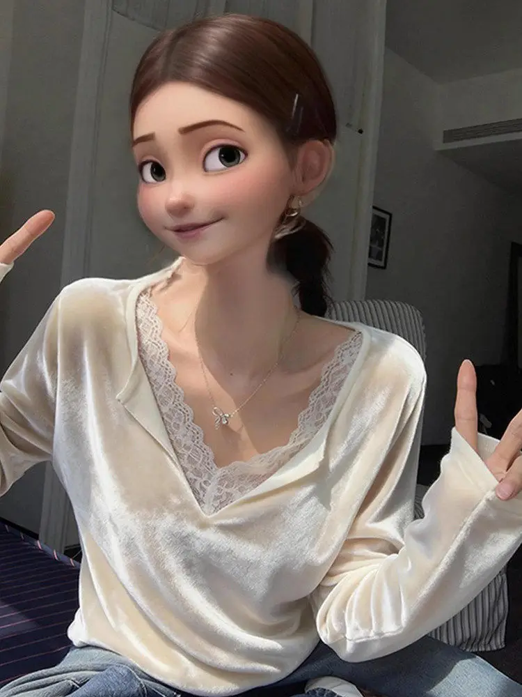 

Velvet Long Sve T-irt Women's Loose Fit Lace Patchwork Spring 2026 New Sle Slimming Age-Defng Casual Wear