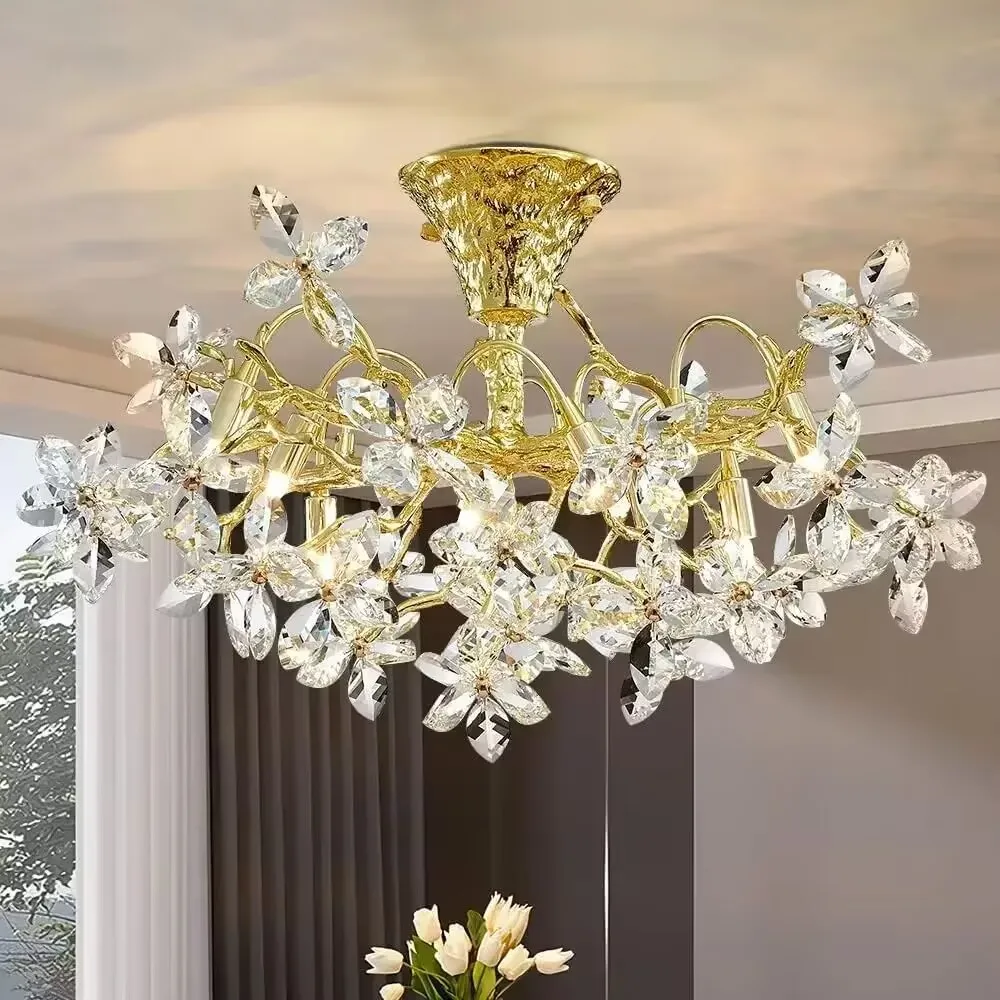 Artpad Luxury Flower Crystal Branch Ceiling Chandelier for Living Room Vintage Hanging Pendant Chandelier Dining Room Bedroom