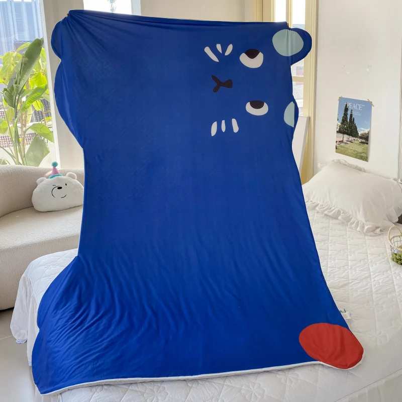 Cute Cat Shaped Summer Quilt for Children Ins Style Blue Kitten Blanket for Air Conditioned Room Breathable Lightweight Quilts