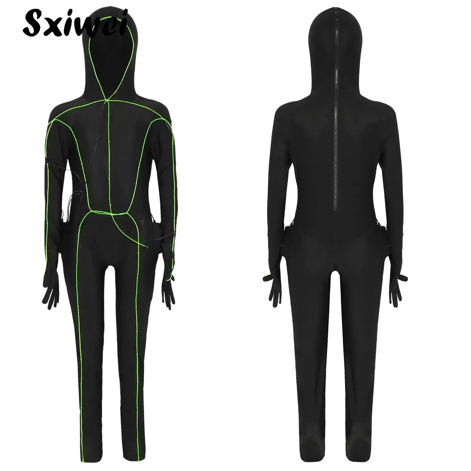 

Kids Light Up Stick Costume Funny Glow Stick Halloween Alien Costume Black Long Sleeve Full Length Zipper Hooded Jumpsuit