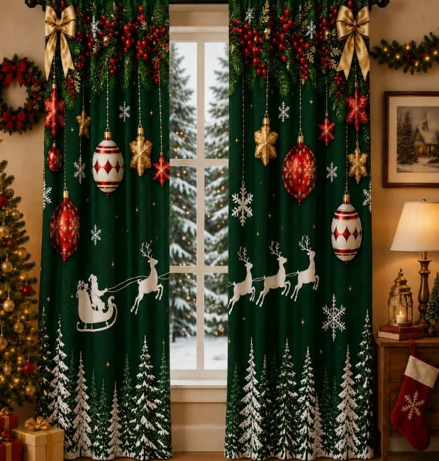2Pcs Christmas Curtains Dark Green Santa Sleigh Reindeer Pine Tree Print Rod Window Curtain Living Room Bedroom Holiday Decor