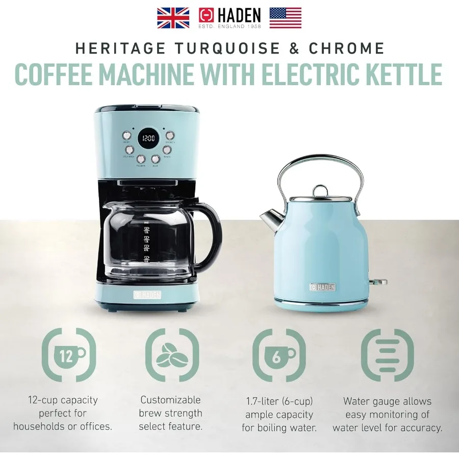 ماكينة صنع القهوة بالتنقيط سعة 12 كوبًا مع غلاية كهربائية من الفولاذ المقاوم للصدأ سعة 1.7 لتر باللون الفيروزي ولمسة نهائية من الكروم للمنزل والمكتب #2