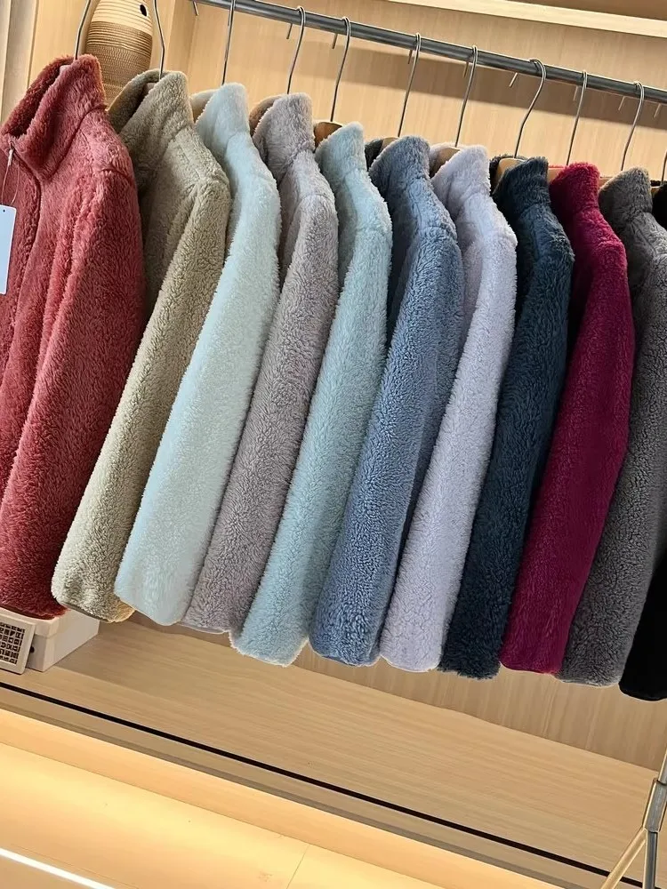Autumn Winter Women's Long Velvet Fleece Jacket Stand Collar Warmth Zipper Cardigan Long Sleeve Coat Polyester Fiber Standard...