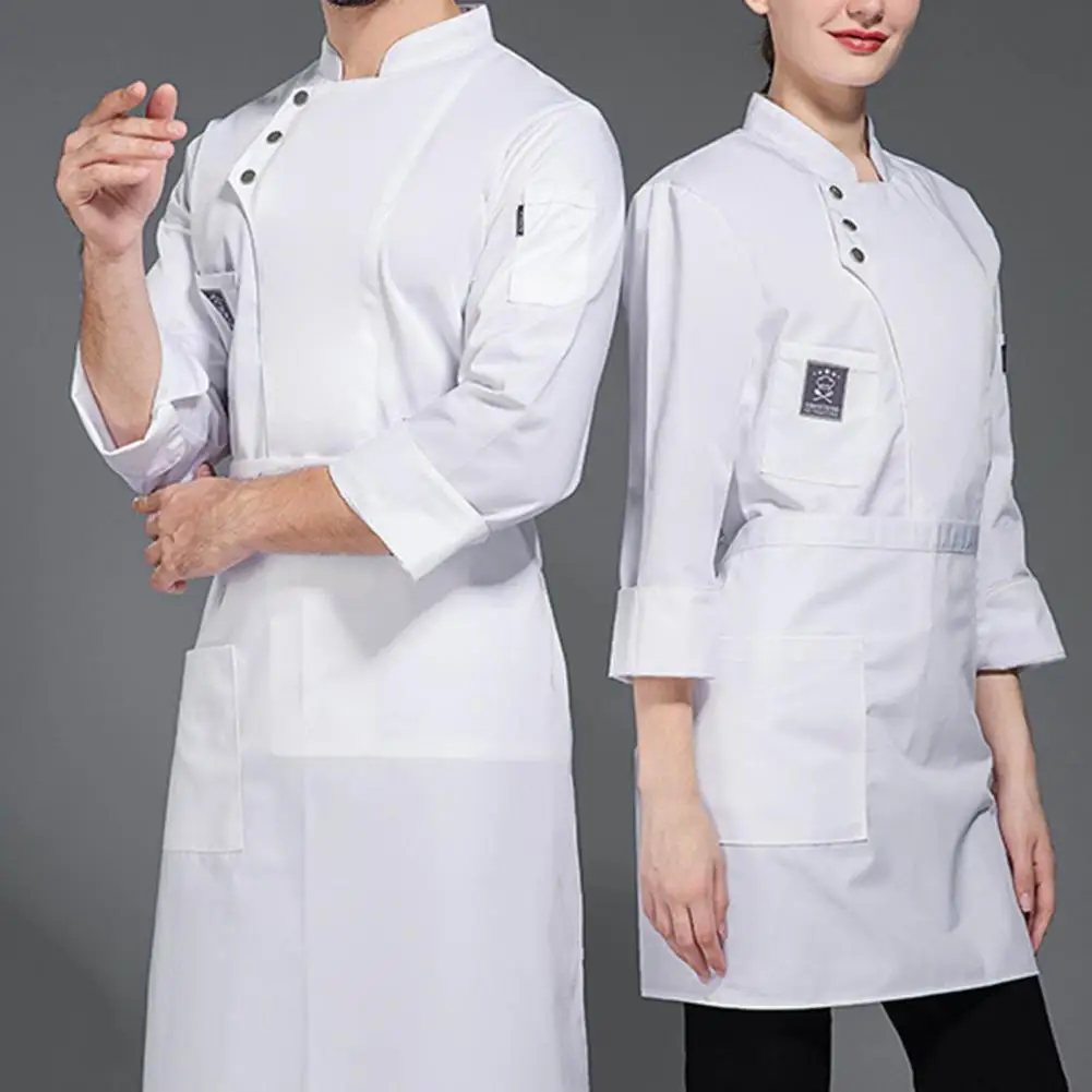 Chef Coat Cotton Blend Stand Collar Chef Uniform Stylish Chef Uniform with Stand Collar Double-breasted Design for Bakery