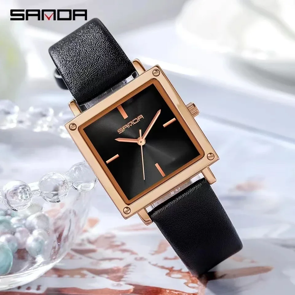 Sanda 1068 Beautiful Three Needles Rectangle Dial Water Resistant Quartz Movement Business Women Elegant Analog Wrist Watch