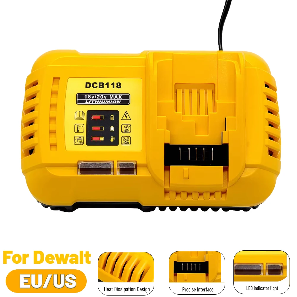 

Быстрое зарядное устройство DCB118 для литиевых аккумуляторов DeWalt 10.8V 12V 14.4V 20V Max 60V (DCB101, DCB200, DCB140, DCB105) с током зарядки 4.5A
