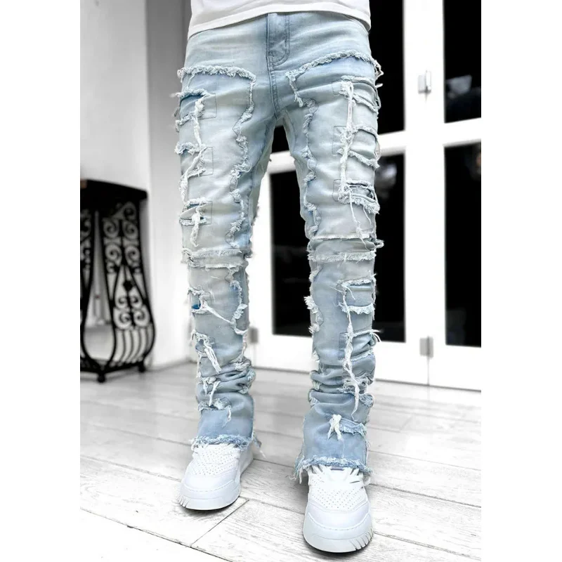 European and American street fashion ins hot style elastic patch denim straight-leg pants new men's fashion retro denim trousers