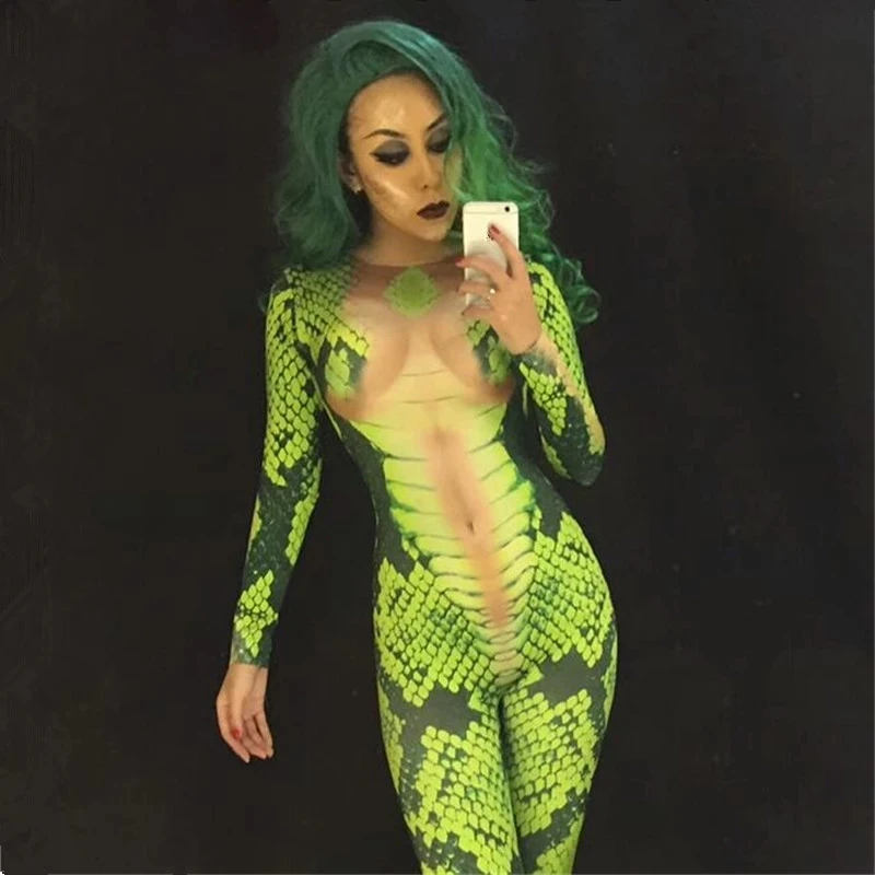 3D Printing leotard elastic rompers Nightclub singer dancer performance clothing Role costume Snake tattoo jumpsuit