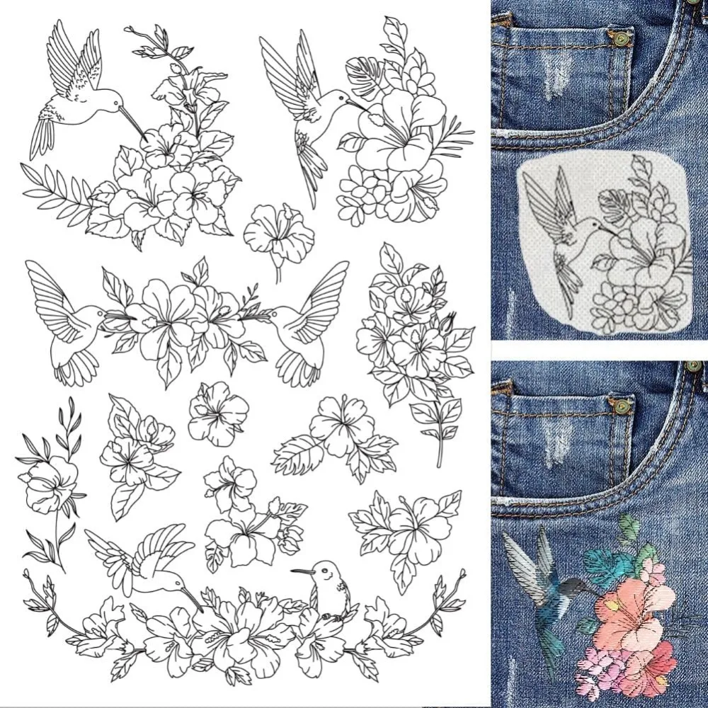 4Sheets 60Pcs Hibiscus Hummingbird Water Soluble Embroidery, 11.7x8.3inch Stick and Stitch Embroidery Paper Stabilizer Water