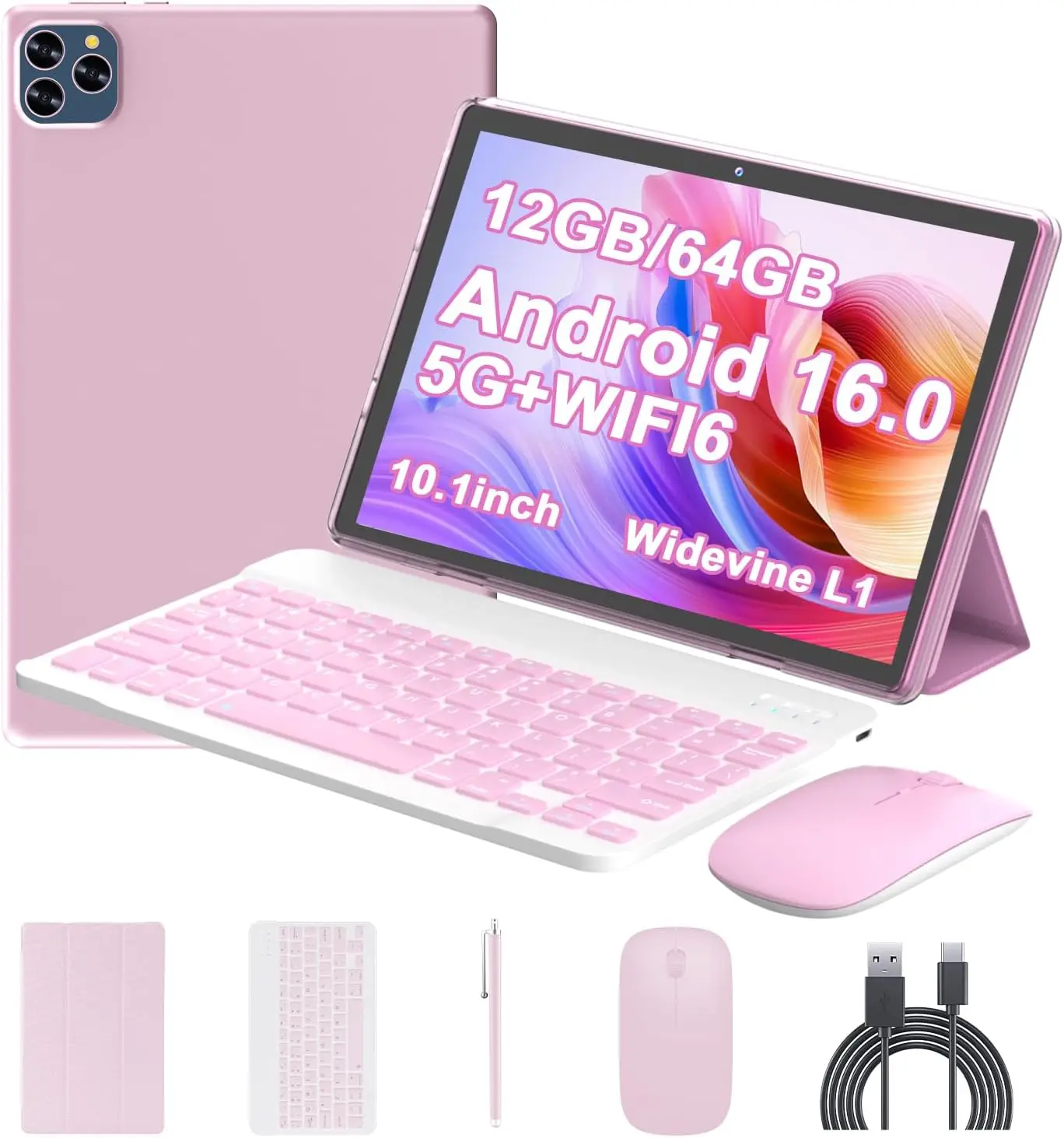 

10" 2-in-1 Tablet, 12GB RAM+64GB ROM, Keyboard Mouse Stylus, 1280x800 IPS, 5G WiFi6, BT 5.3, Android 16