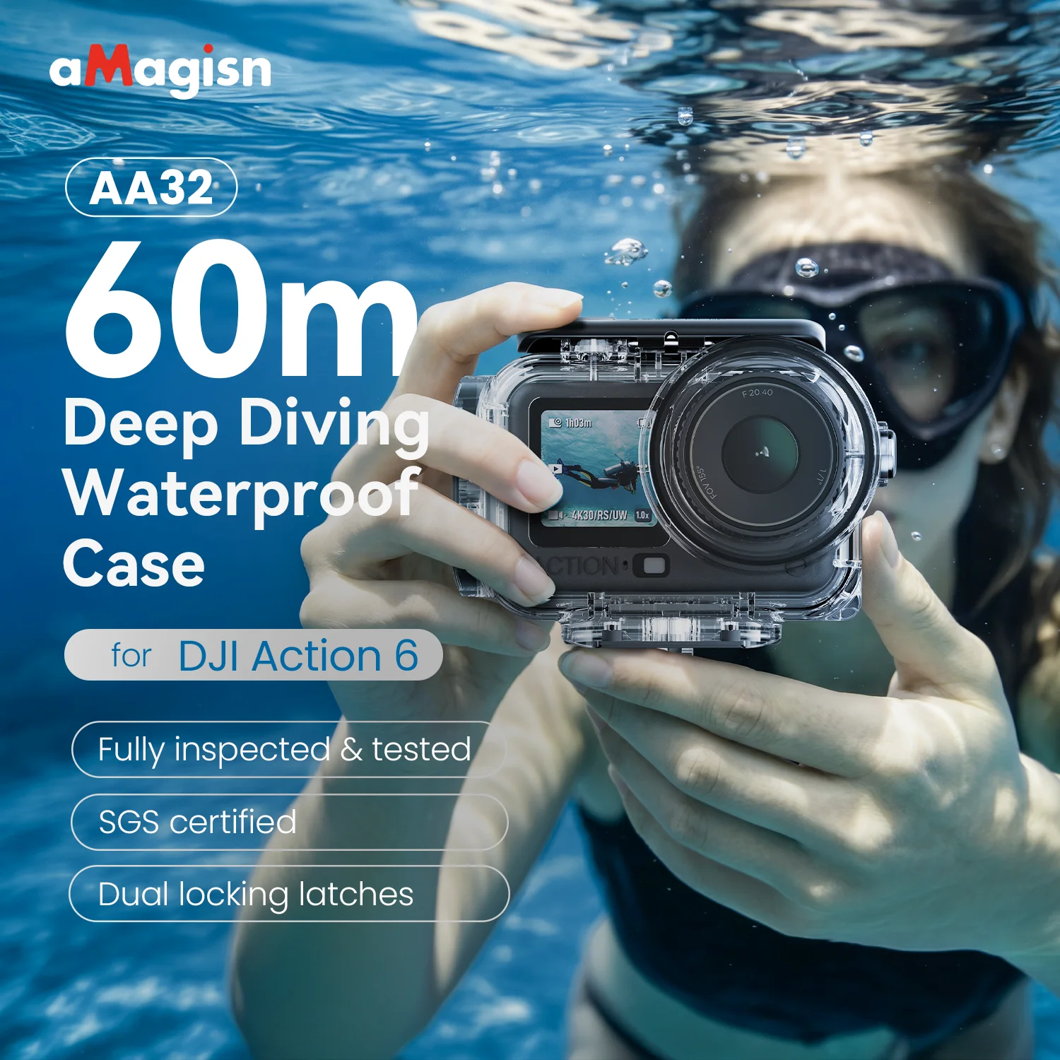 Водонепроницаемый бокс aMagisn для глубоководного погружения для DJI Osmo Action 6 – 60 м, с оптическим стеклом, сертифицированным SGS, и двойным замком, для DJI Action 6