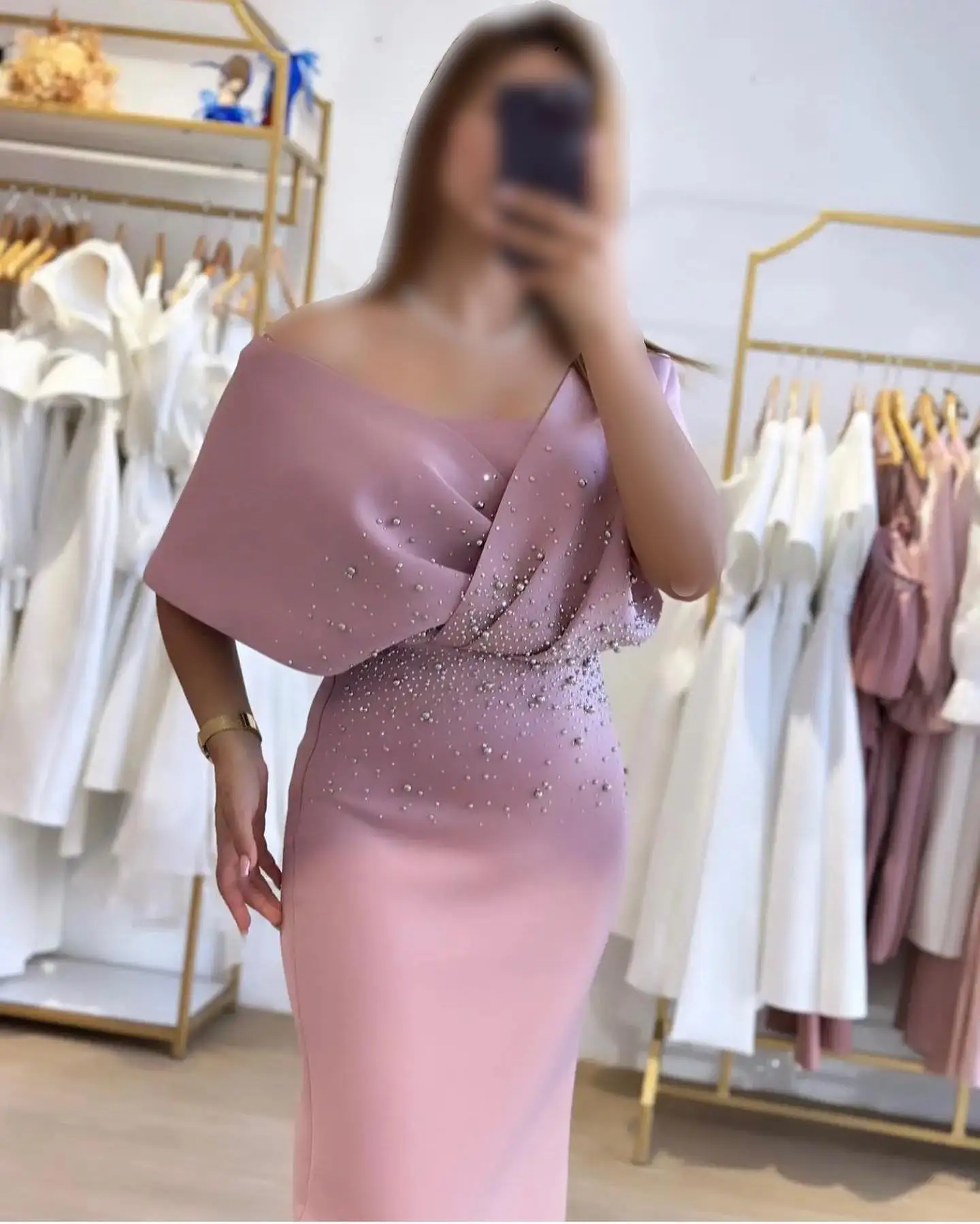 Off Shoulder Customized Formal Evening Dresses Pearls Short Sleeves  فساتين سهرة  Ankle Length Elegant Prom Growns Party Women