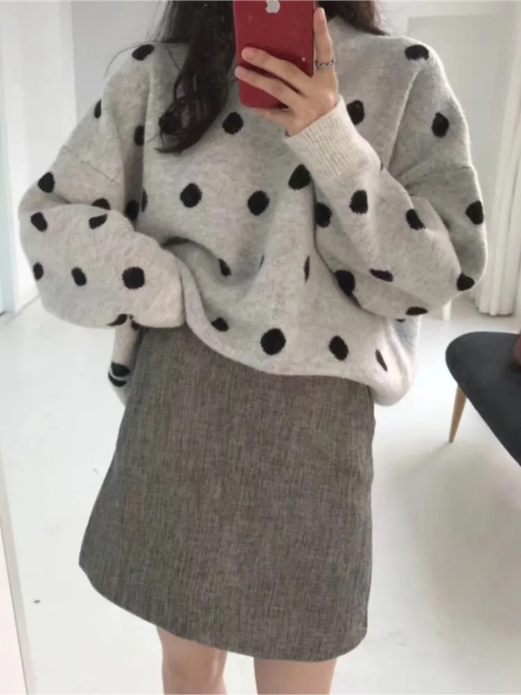 Gestrickte Herbst Polka Dot Print Pullover Pullover Frauen Koreanischen Stil Casual Lose Damen Pullover Mode Frau Pullover Tops